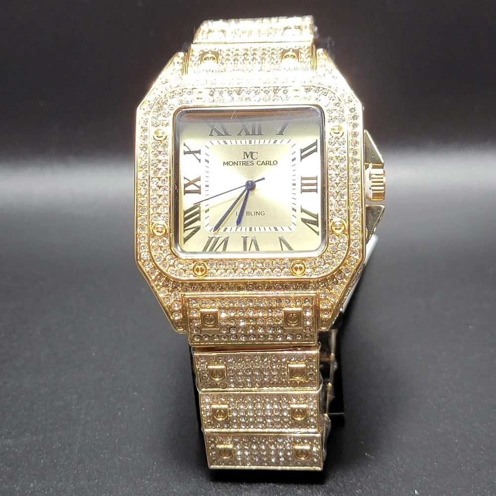 💎 Montres Carlo 45mm Pave Crystal Chunky Quartz Watch Gold Tone Iced Out Bling